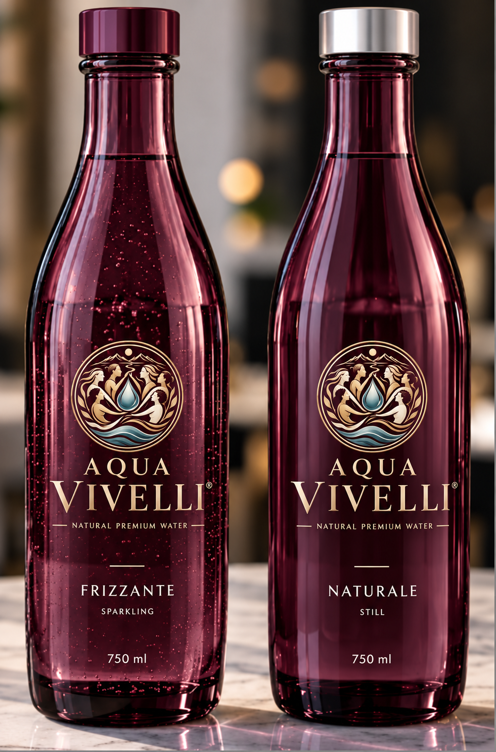 Aqua Vivelli Naturale, still, in einer burgunderroten Flasche mit silberfarbenem Verschluss
