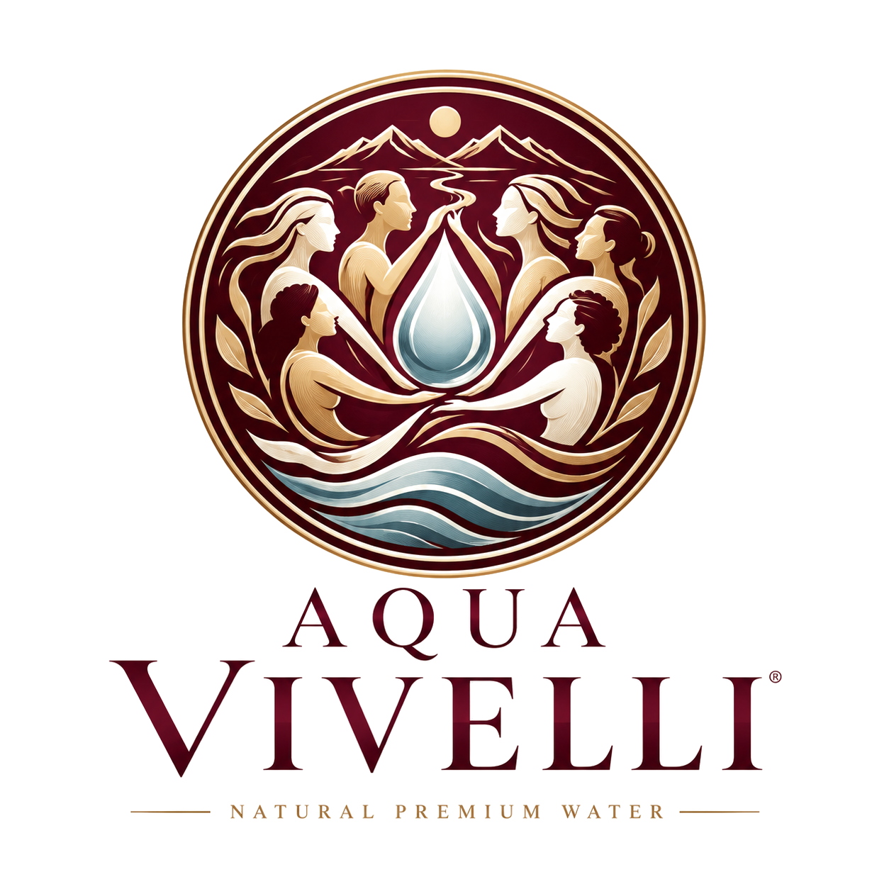 Aqua Vivelli Markenlogo mit goldfarbenem Emblem und Wassertropfen