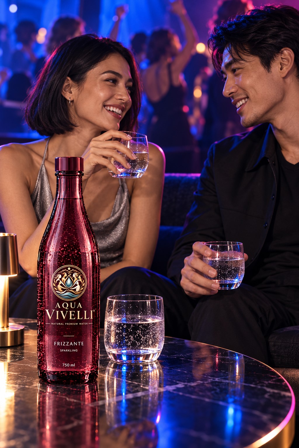 Erwachsene Gäste in einer modernen Clublounge bei blauem Licht mit Aqua Vivelli auf dem Tisch
