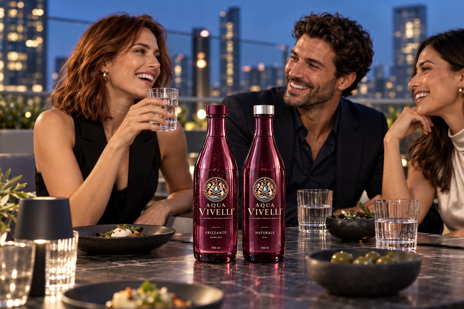 Freunde in einer urbanen Rooftop-Bar zur blauen Stunde mit Aqua-Vivelli-Flaschen und Wassergläsern