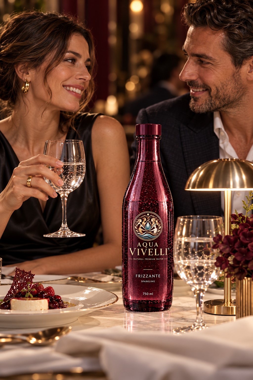 Ein Paar genießt einen gemeinsamen Restaurantabend mit Aqua Vivelli und feinem Dessert